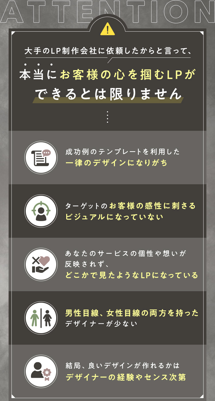 『大手のLP制作会社に依頼したからと言って、本当にお客様の心を掴むLPができるとは限りません。』 ・成功例のテンプレートを利用した、一律のデザインになりがち ・ターゲットのお客様の感性に刺さるビジュアルになっていない ・あなたのサービスの個性や想いが反映されず、どこかで見たようなLPになっている ・男性目線、女性目線の両方を持ったデザイナーが少ない ・結局、良いデザインが作れるかはデザイナーの経験やセンス次第