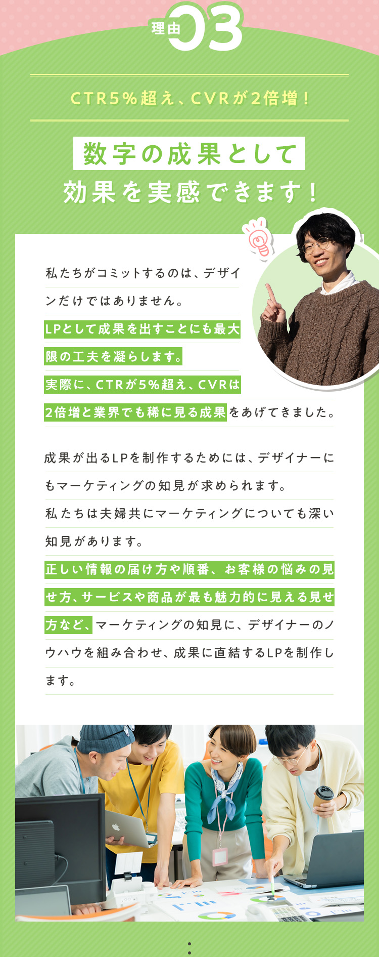 理由③：【CTR5％超え、CVRが2倍増！】数字の成果として効果を実感できます！ 私たちがコミットするのは、デザインだけではありません。LPとして成果を出すことにも最大限の工夫を凝らします。実際に、CTRが5％超え、CVRは2倍増と業界でも稀に見る成果をあげてきました。成果が出るLPを制作するためには、デザイナーにもマーケティングの知見が求められます。私たちは夫婦共にマーケティングについても深い知見があります。正しい情報の届け方や順番、お客様の悩みの見せ方、サービスや商品が最も魅力的に見える見せ方など、マーケティングの知見に、デザイナーのノウハウを組み合わせ、成果に直結するLPを製作します。
